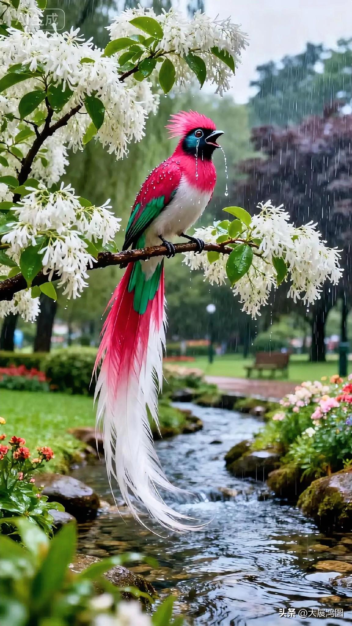 红羽鸟儿雨中鸣，花间流水绕芳丛。谁晓得这是啥鸟呀？到评论区留言哟！枝头间小鸟 彩