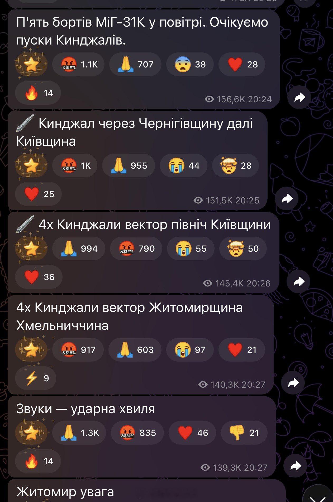 今天乌克兰又挨炸了至少5架米格-31M升空目前已知，基辅挨了4枚匕首日托米尔，赫