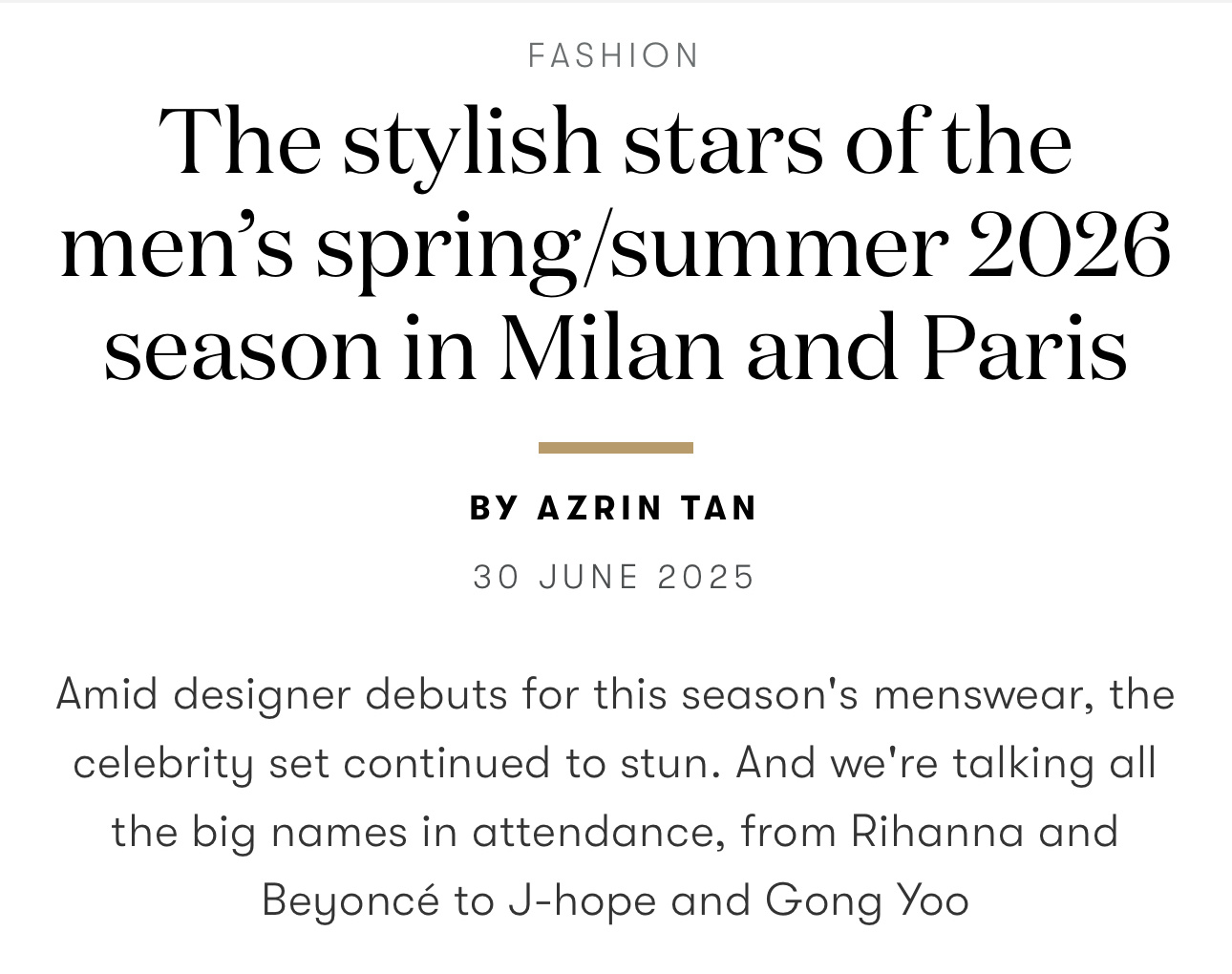 VOGUE官网评选本季2026春夏男装周最具风格星光面孔，中国看秀嘉宾 王嘉尔、