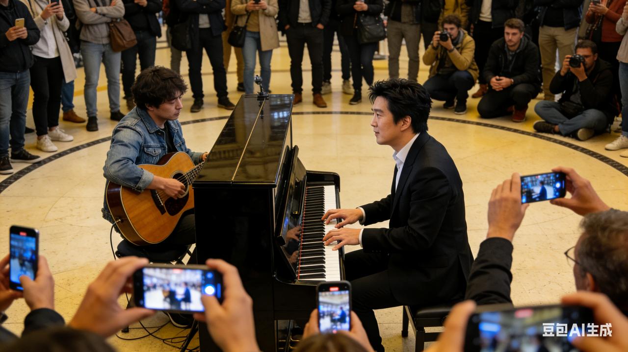 郎朗闪现巴黎里昂火车站，与街头艺人斗琴燃爆全场，路人直呼太震撼
 
巴黎里昂火车