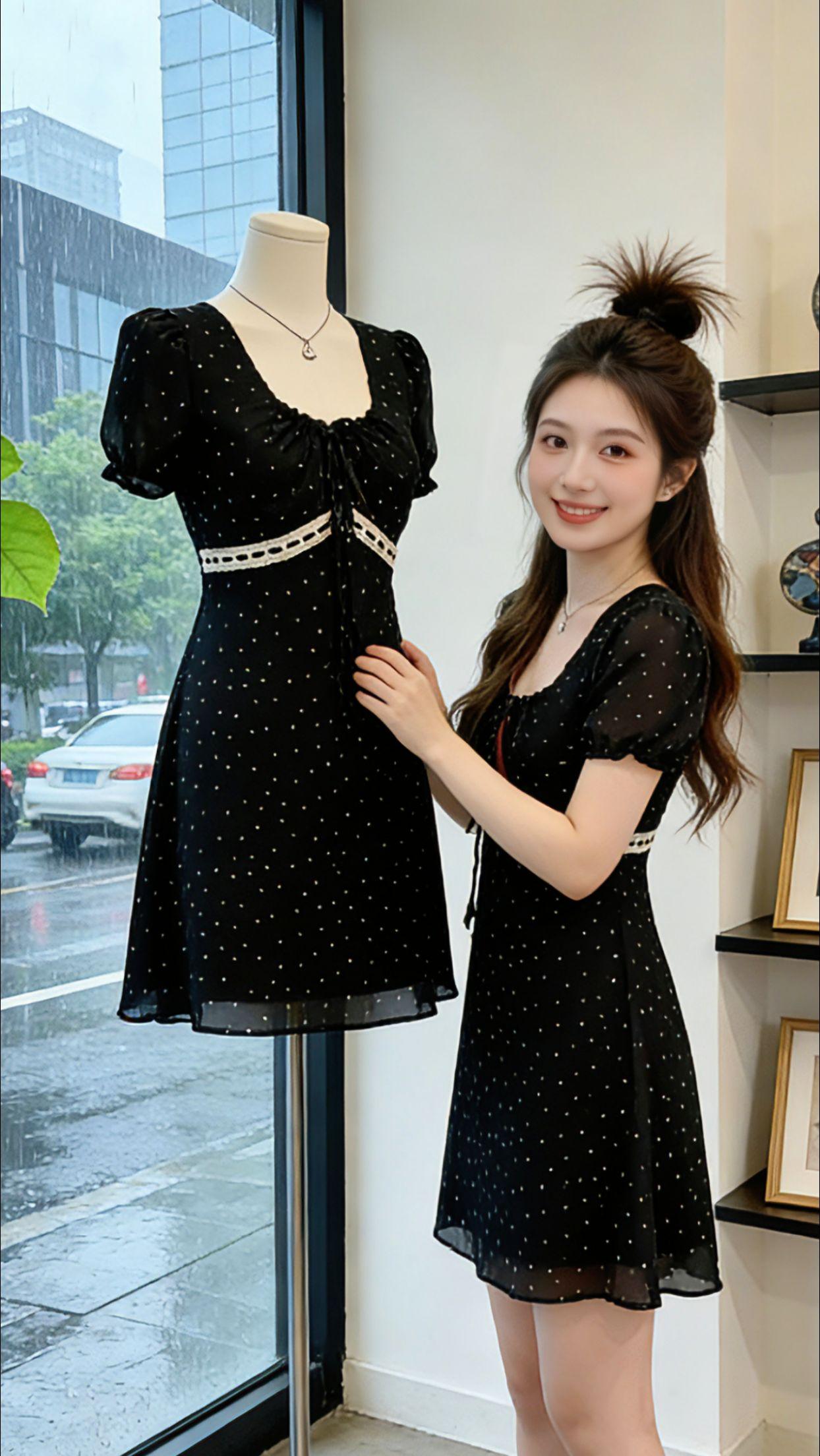 谁懂这条法式波点小黑裙的百搭魔力！温柔V领修饰肩颈线条，收腰版型藏肉又显比例，轻