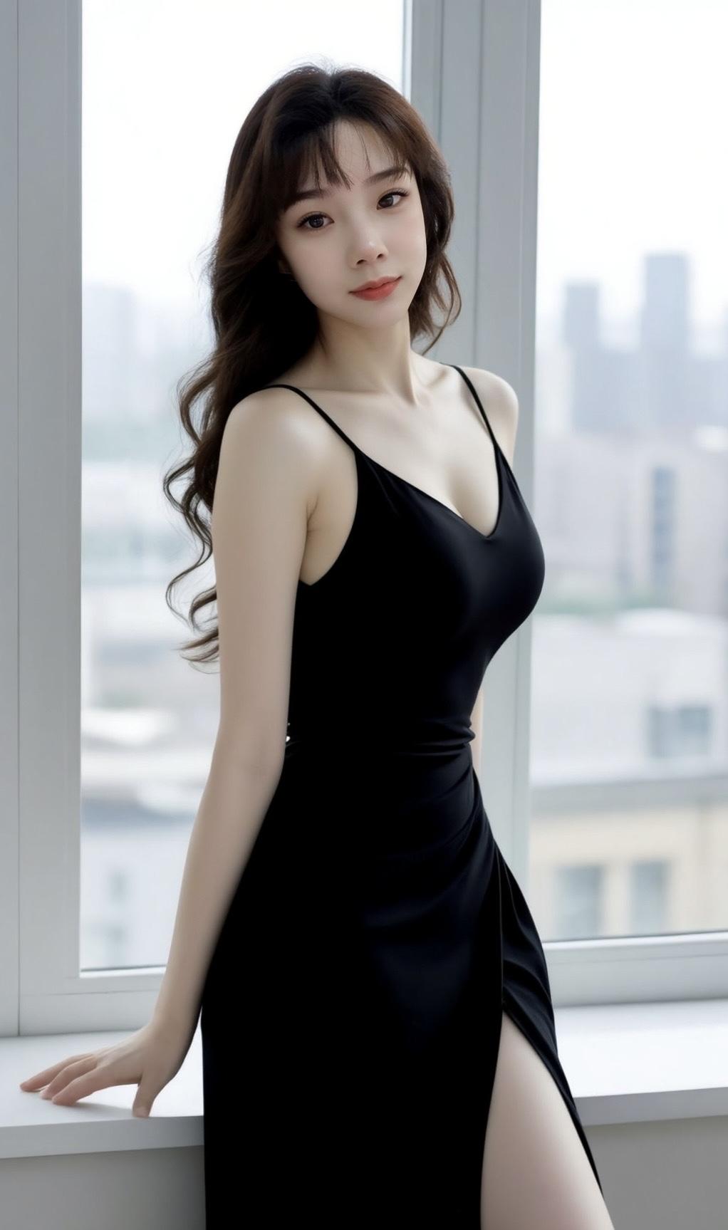 都市优雅风，黑裙与城市天际线相映成趣