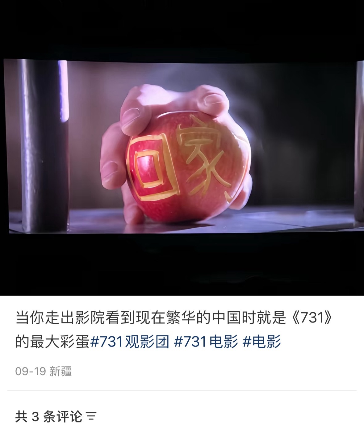 731里的苹果不是用来吃的《731》中给了一个特写，所谓天huang亲善的道具，
