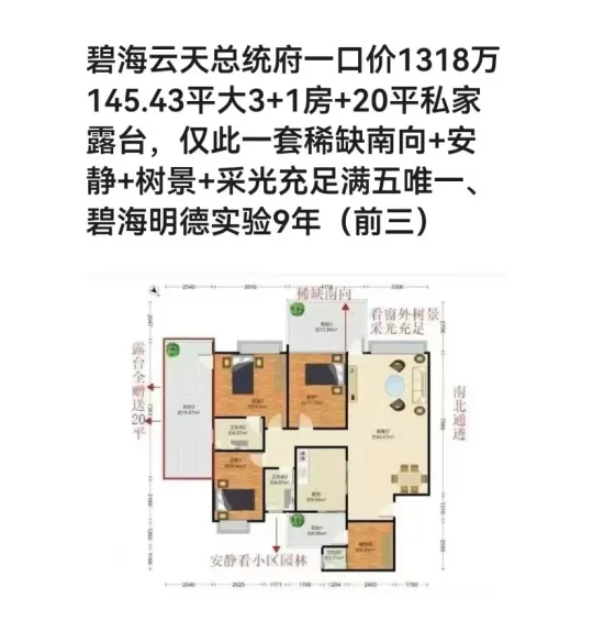 碧海云天总统府，1318万，南向大3+1房 独家揭