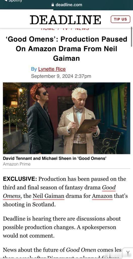 【《好兆头》第三季暂停制作】Deadline消息，亚马逊已暂停#好兆头#（Goo