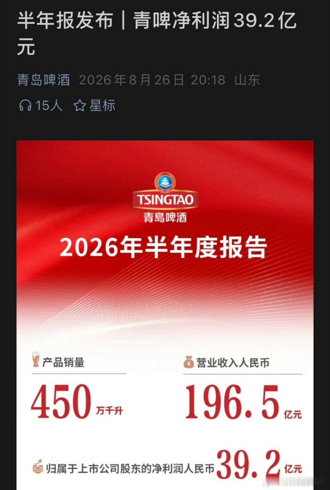那个男人总是能在各大集团公司财报上出现，青岛啤酒半年度财报，净利润39.2亿。新