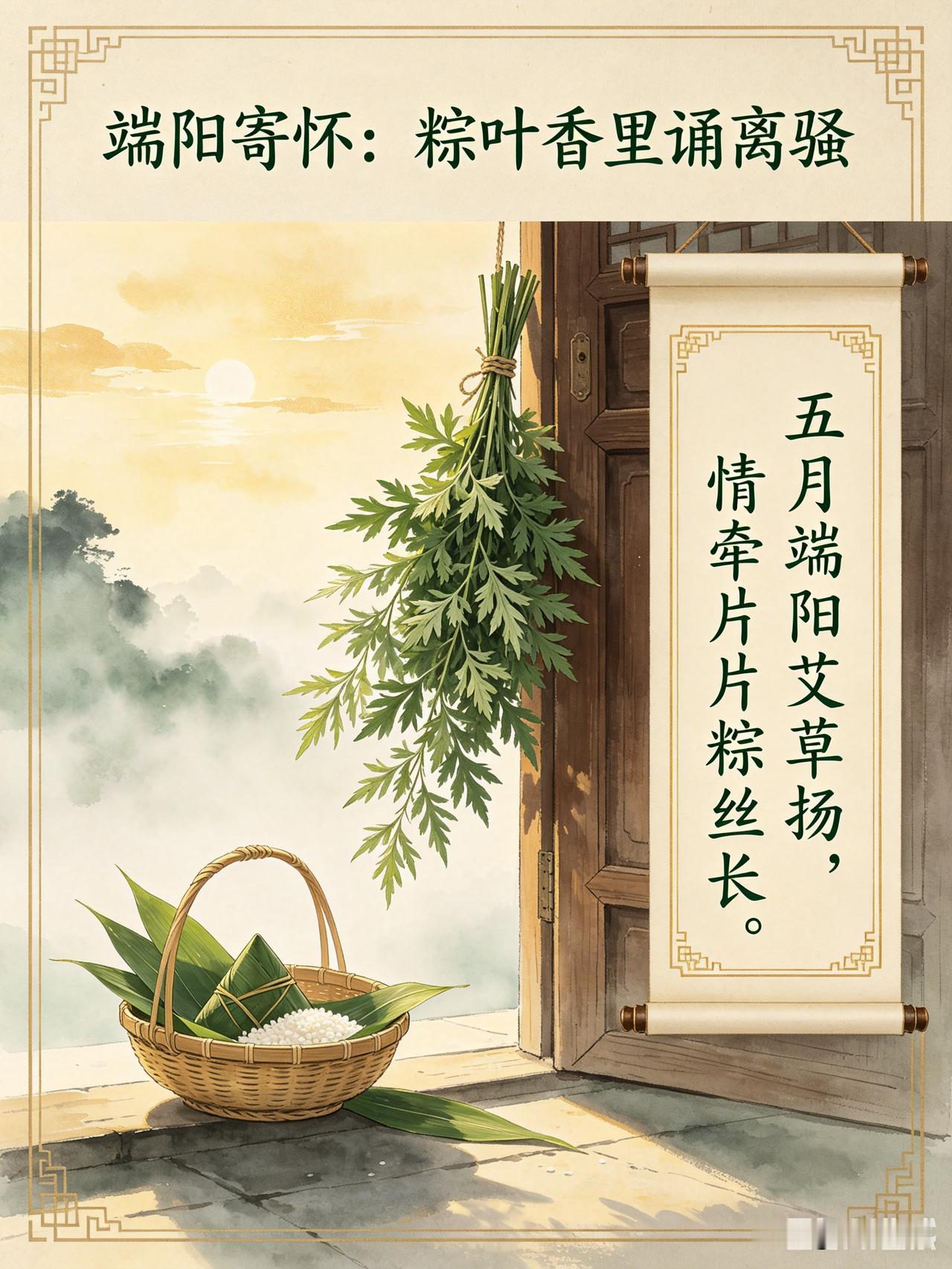 《端阳寄怀：粽叶香里诵离骚》乐韵诗心原创:
五月端阳艾草扬，
情牵片片粽丝长。