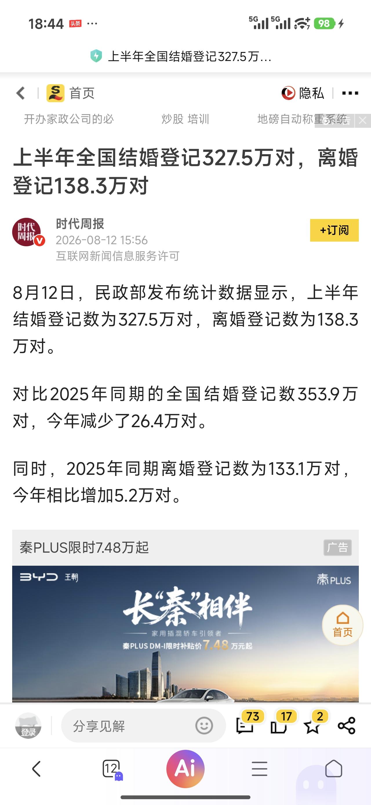 结婚数还在下降，离婚数还在上升。
好像婚姻对年轻人来说，不是必须的耐用消费品了。