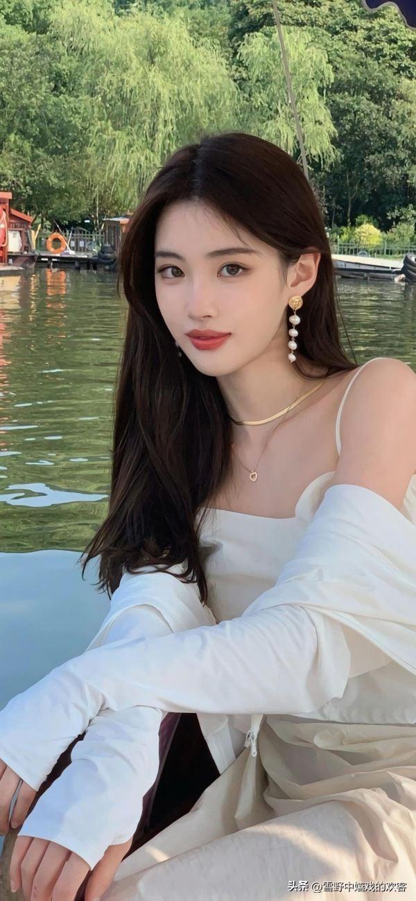 夏日湖畔，优雅白裙，清新自然，美不胜收。