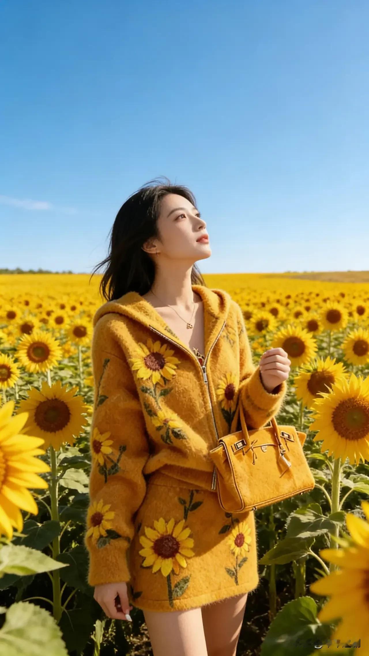 向日葵花海与同色系套装相映成趣，暖黄裹着阳光的温度，抬眼望天时，连风里都满是元气