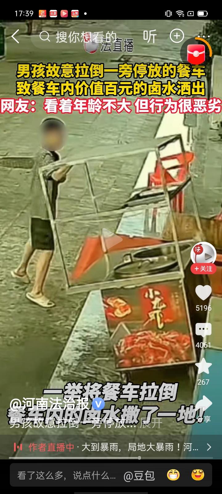 小男孩拉倒餐车导致百元卤水洒地应该在监护人的监护下批评教育，并且赔偿
小男孩看样