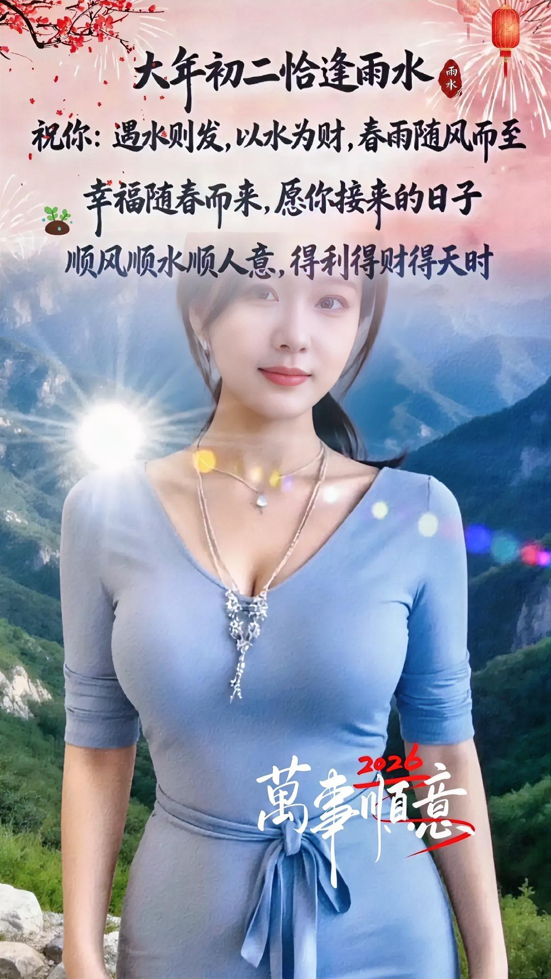 大年初二逢雨水！
雨润万物，
福满家门，
好事成双，
祝你祝我祝我们。
从此风调