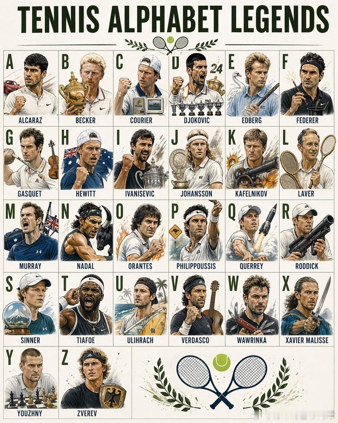 趣味字母表代表球星我们的金花🇨🇳代表李娜（L开头）和郑钦文（Q开头）都列上去