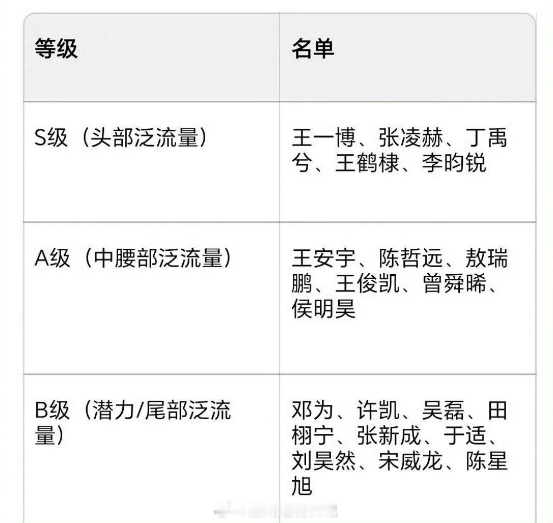 95生的流量等级～第一反应是好假好假 S级：王一博、张凌赫、丁禹兮、王鹤棣、李昀