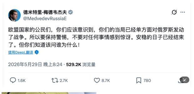 梅德韦杰夫对欧盟公民发出严厉警告：“不要对任何事情感到惊讶。安稳的日子已经结束了