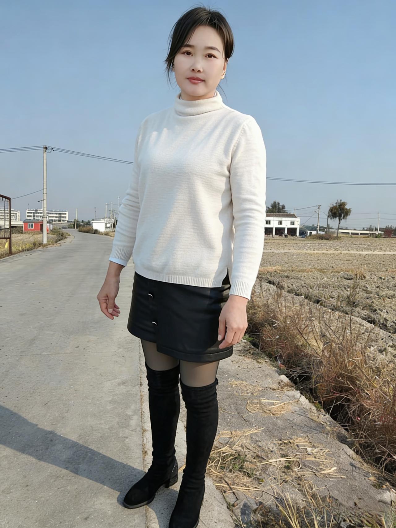 白毛衣飘在乡路的风里
皮裙的棱角，撞碎了田野的空旷
她站在田埂边，像一粒
被阳光