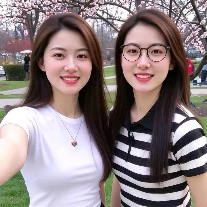 阳光明媚的午后，两位姐妹在樱花树下微笑自拍。樱花氛围感照片 樱花美照 姐妹出游拍