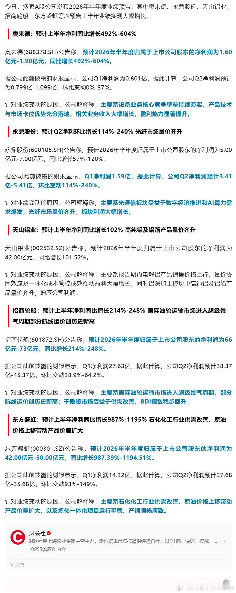 【多家A股公司上半年业绩大增】7月5日，多家A股公司发布2026年半年度业绩预告