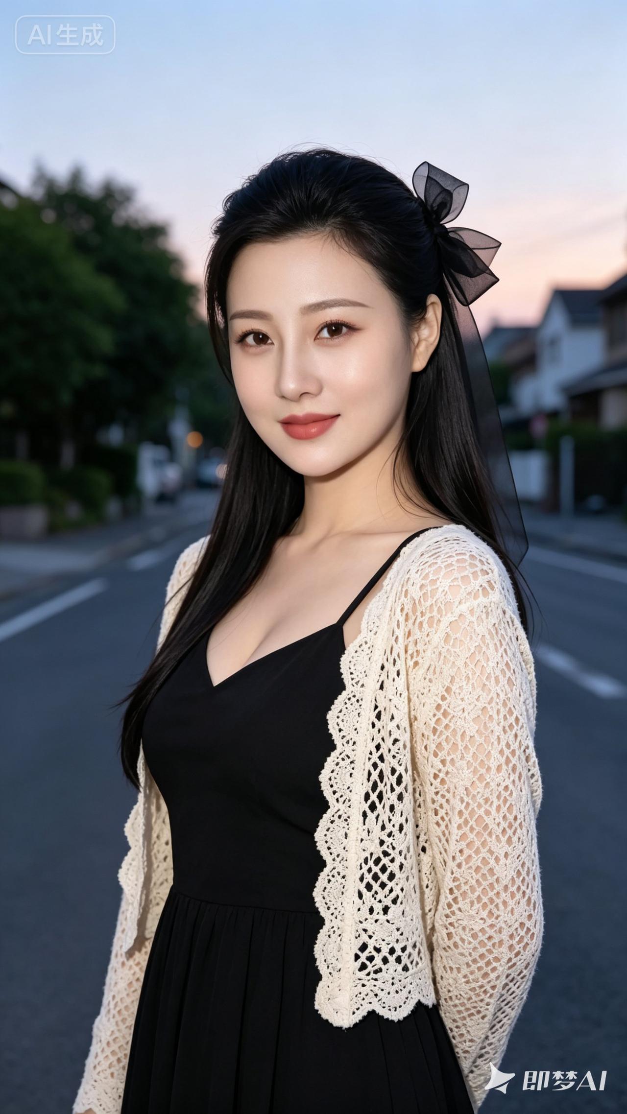 优雅黑裙搭配蕾丝开衫，甜美蝴蝶结发饰，尽显温柔气质。