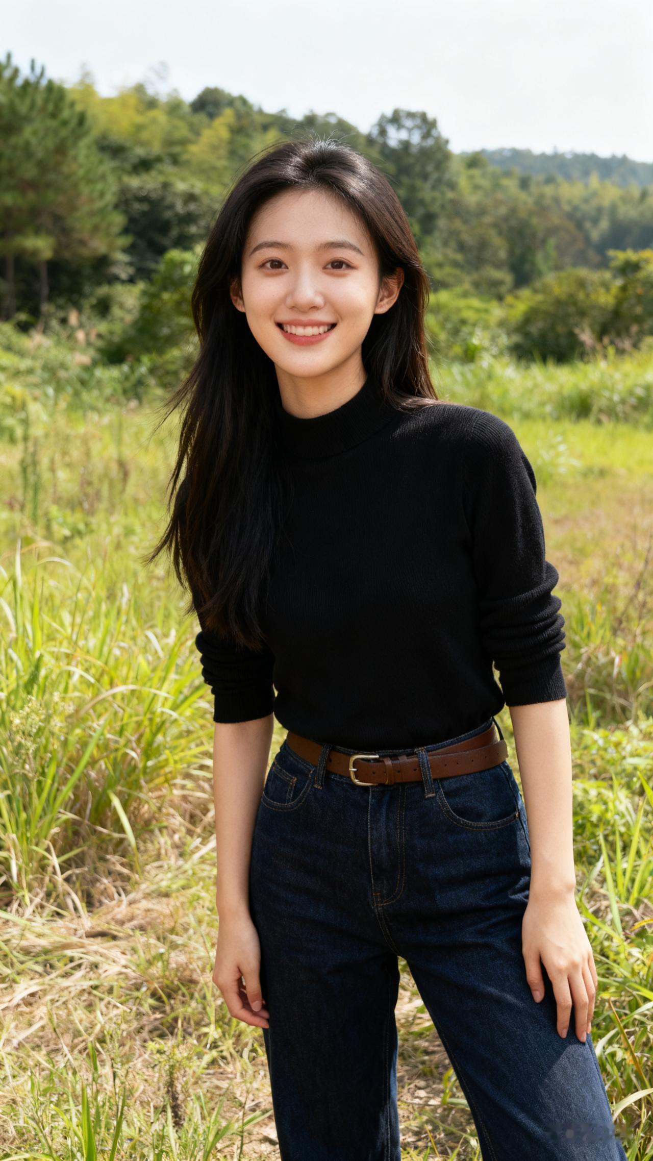 美丽生物老师半扎发，小巧脸型配细腻妆容，冷白瓷肌通透底妆，眼神清澈无辜，暖光笼罩