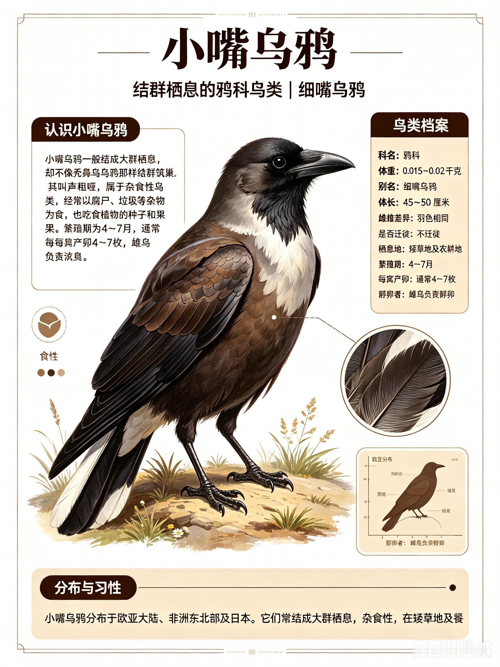 鸟类朋友图鉴 小嘴乌鸦科名：鸦科体重：0.015～0.02千克别名：细嘴乌鸦小嘴