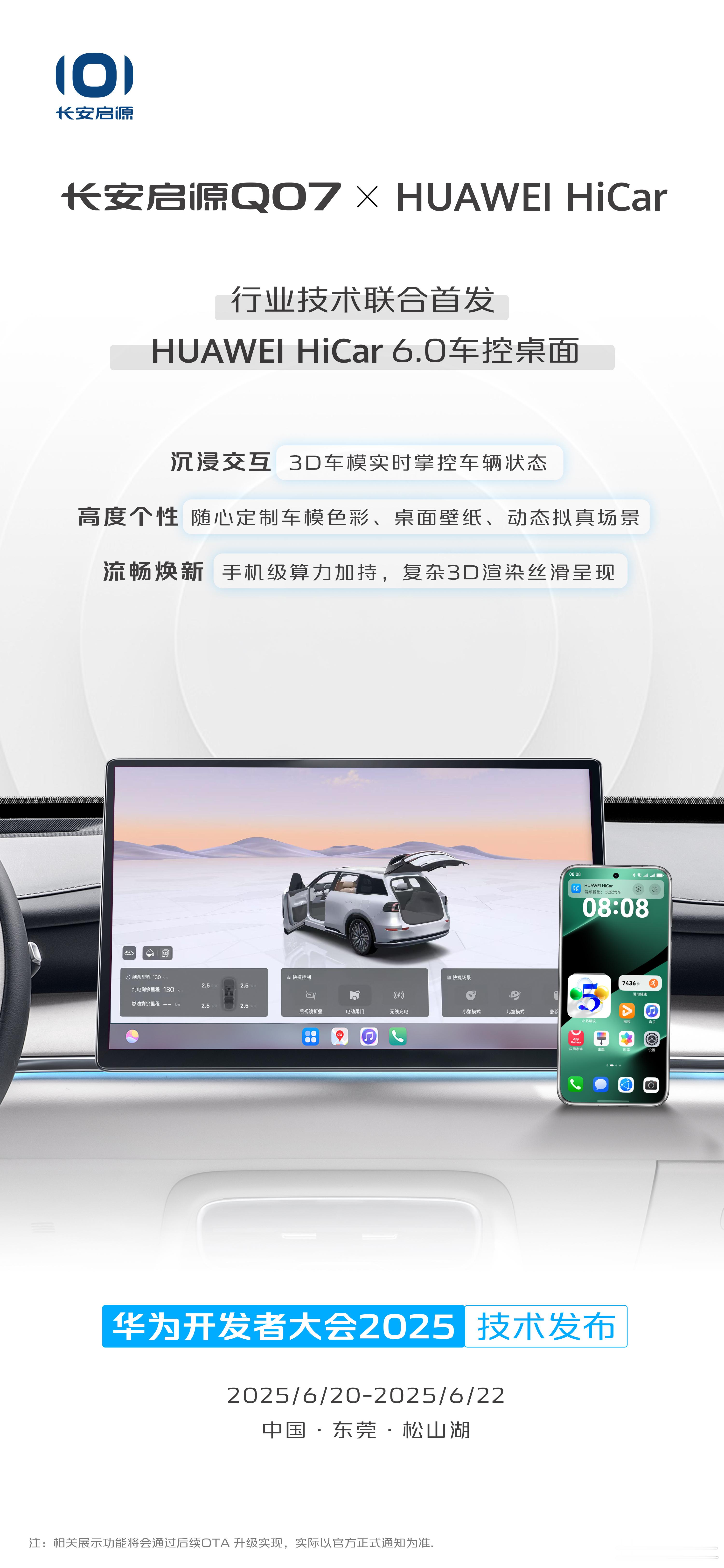 长安启源Q07 X HUAWEI HiCar行业首发HiCar 6.0车控桌面全