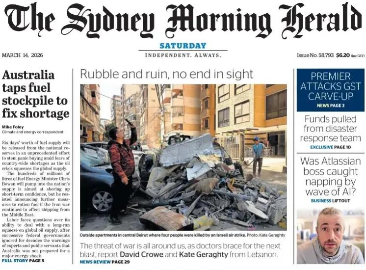 《悉尼先驱晨报》头版报道称，澳大利亚动用燃料储备以解决能源短缺问题 。
    