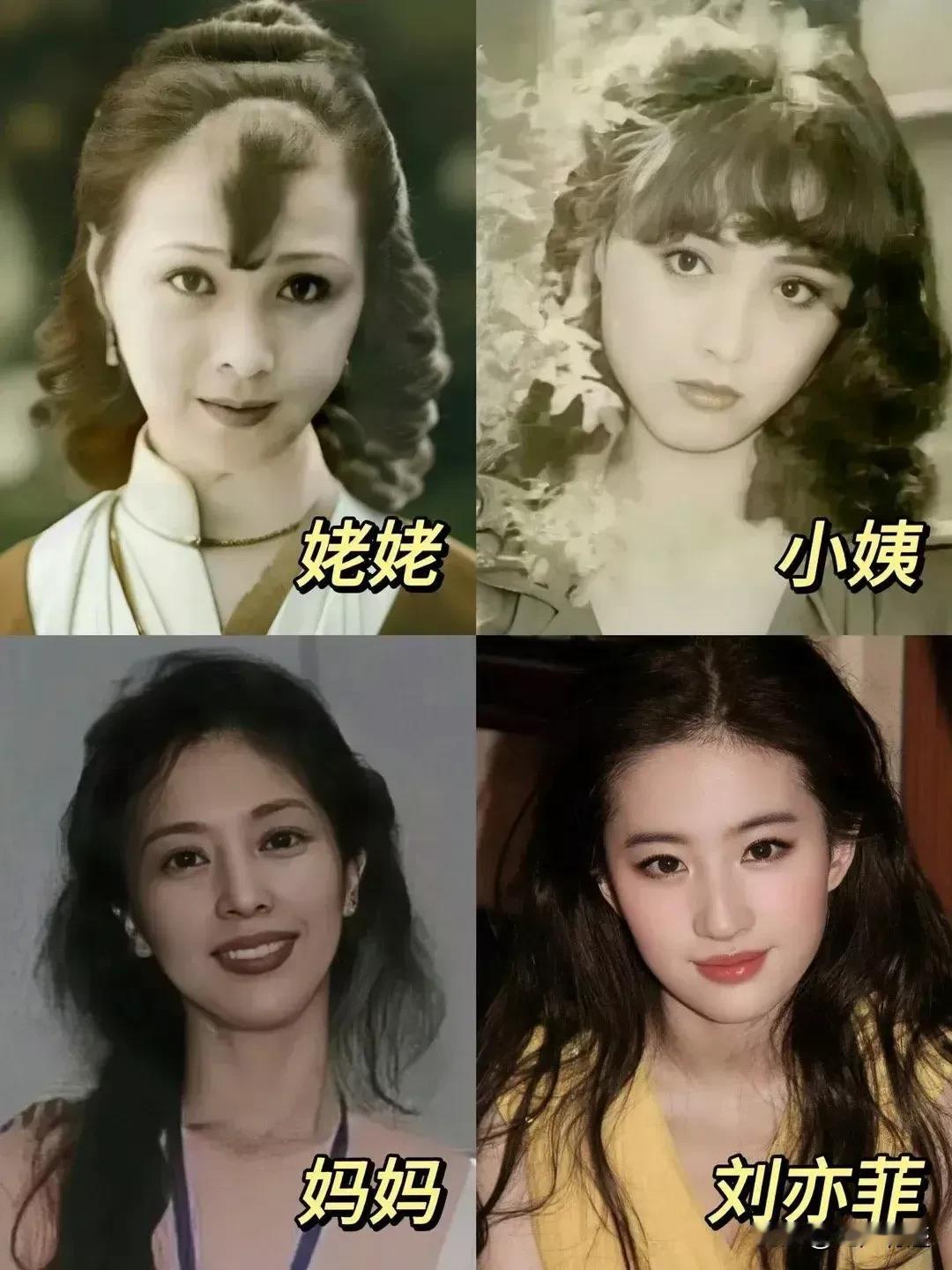 这家四口，如果按照美貌排序，你觉得谁第一，谁最后？
从刘亦菲的姥姥，到妈妈，到小
