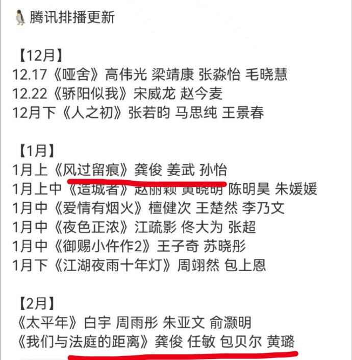 龚俊26年Q1有风过留痕和我们和法庭的距离在拍剧白衣公卿，待拍剧《凤舞几天》(等