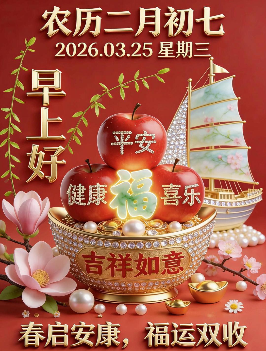 早安吉祥[玫瑰]春启安康福运来，吉祥如意伴平安。喜乐随风入家门，万事圆满顺心开。