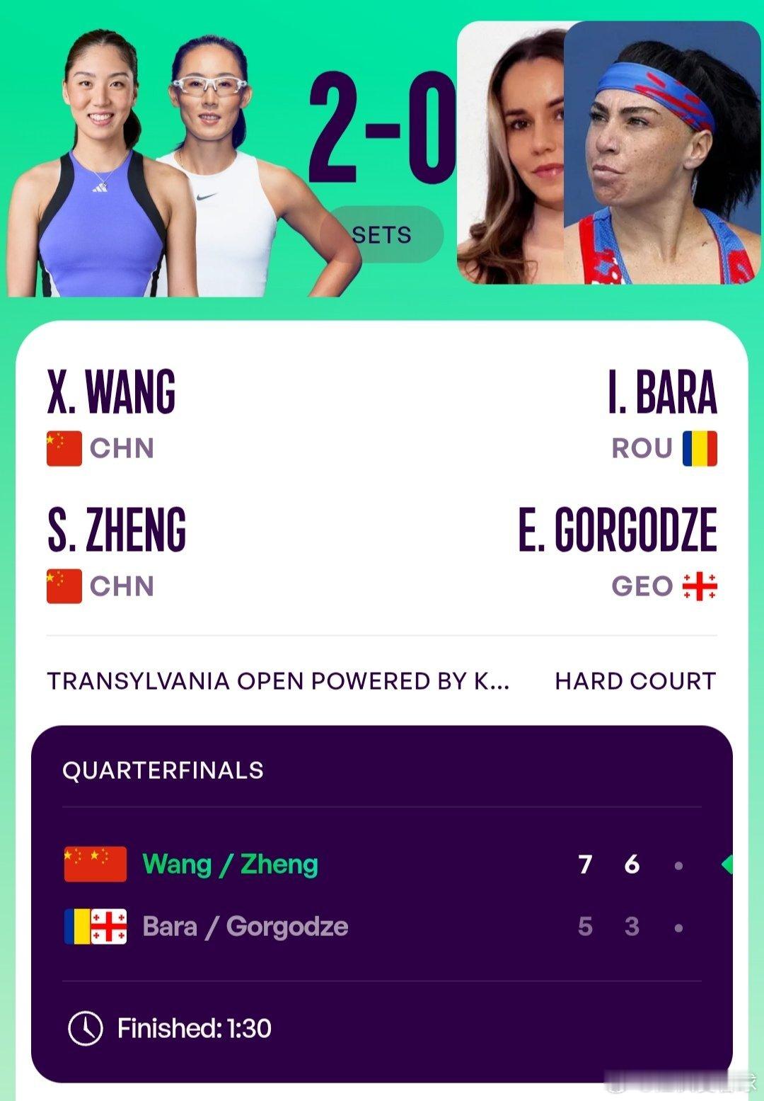 WTA250克卢日-纳波卡站🇷🇴女双8进4王欣瑜🇨🇳/郑赛赛🇨🇳7-