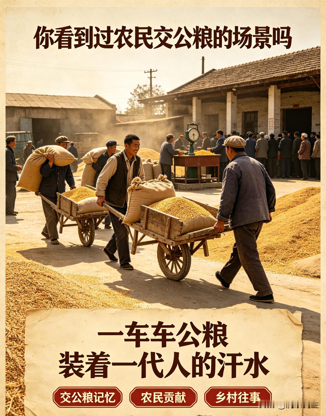 依稀记得当年上交公粮的画面。到了夏收秋收，家家户户推着小车，拉着装满麦粒的麻袋，