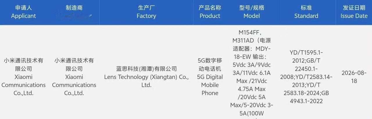 小米 18 Pro 系列 3C 认证已经过了，型号 M154FF，还支持 100