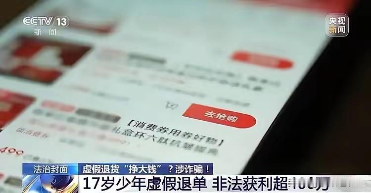 17岁少年退货1万1千多单转手卖出476万商品获利401万.金额高达400万.少