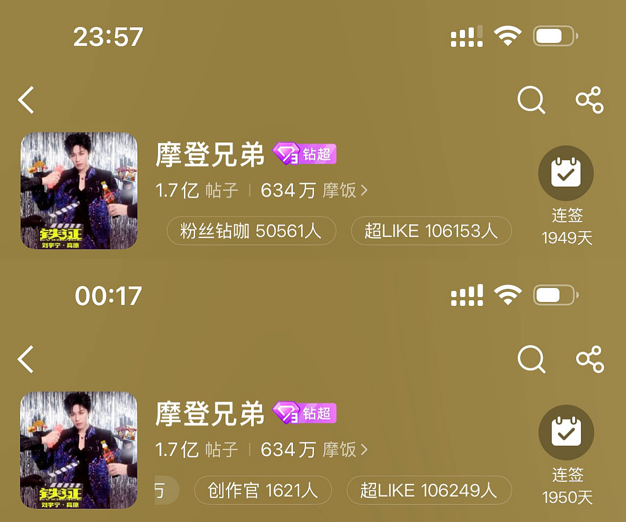 恭喜刘宇宁摩登兄弟 超like突破106000人🎉超like最高106249人