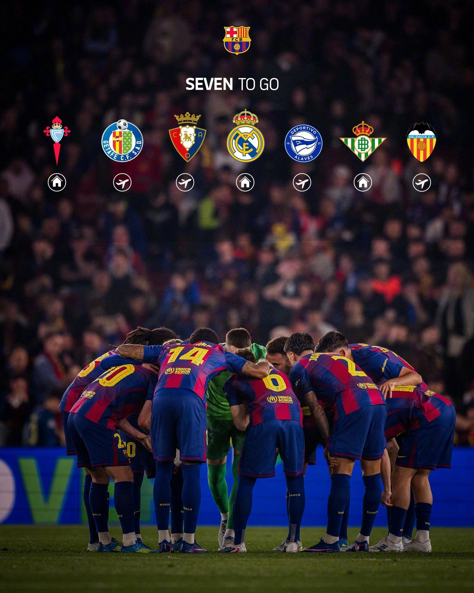 本赛季剩余的7️⃣场比赛，三主四客挑战还在继续拼尽全力，别再有遗憾巴萨  🔴?