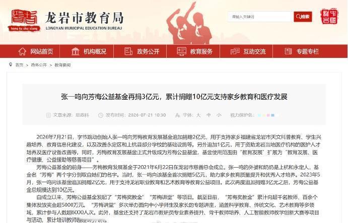 累计捐赠10亿！字节跳动创始人张一鸣再捐3亿元，支持家乡龙岩发展。