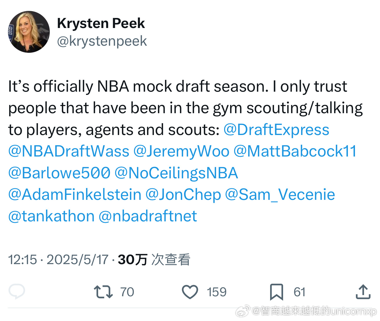 哪些算是权威模拟选秀网站和选秀专家？前雅虎体育选秀专家Krysten Peek如