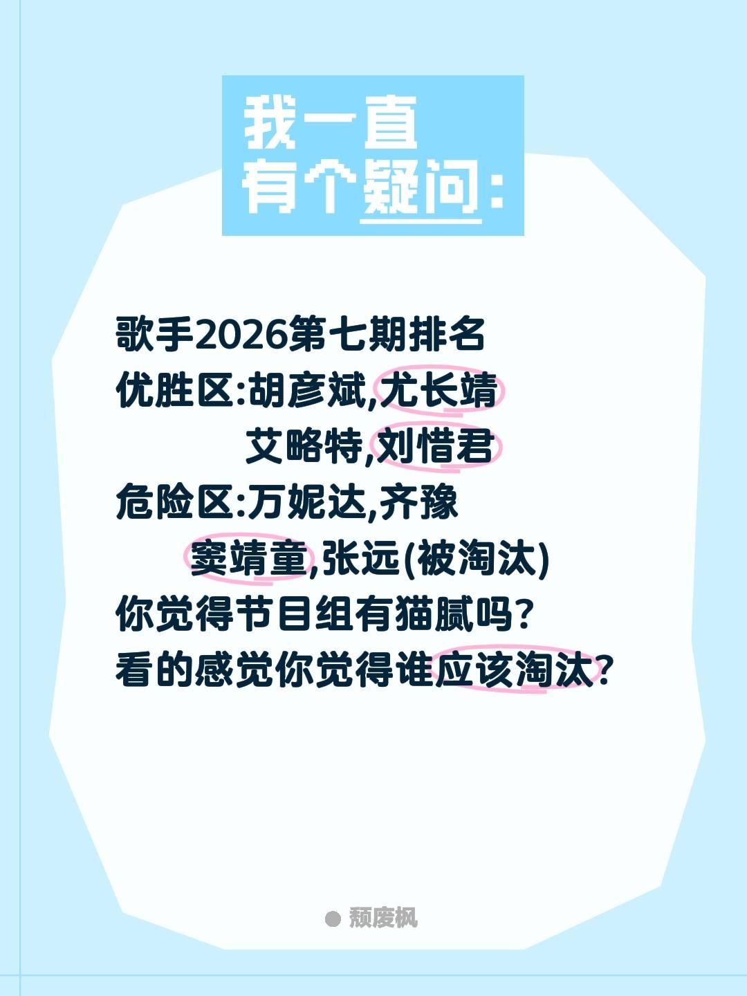 歌手2026第七期排名
优胜区:胡彦斌,尤长靖
       艾略特,刘惜君
危