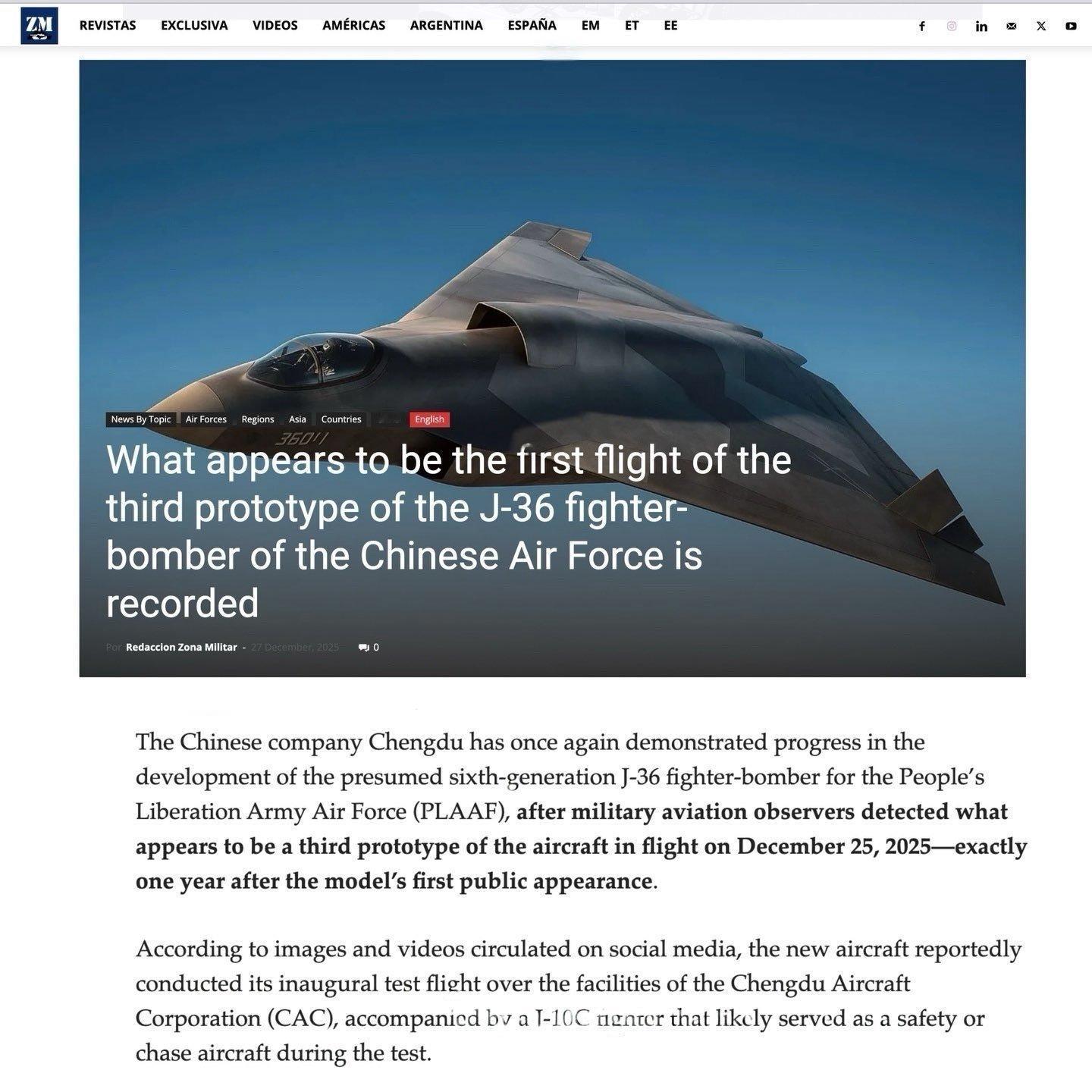 美媒：中国歼36三号原型机完成首飞！中国公司成都航空再次展示了在开发据称是第六代