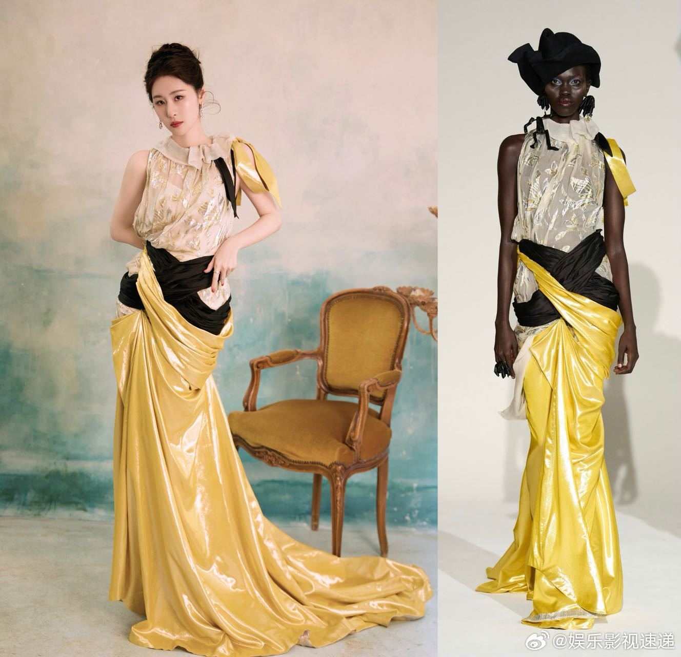 张碧晨一天两件高定 能驾驭两套风格迥异的高定，本身就说明了她的时尚表现力。鎏金裙