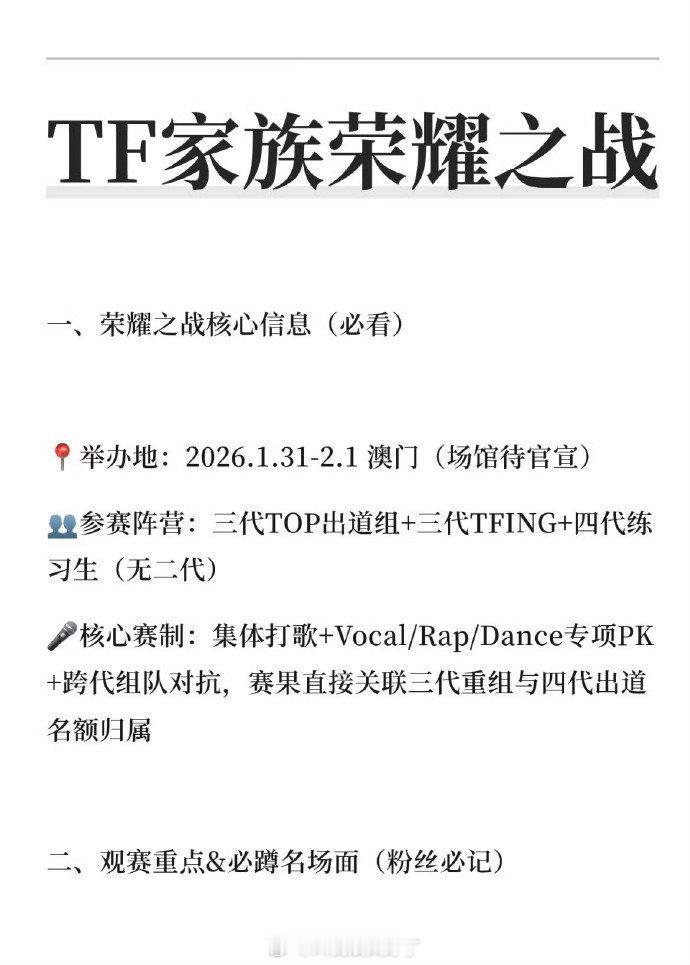 TF荣耀之战：三代TOP出道组、三代TFING及四代练习生将参与集体打歌。又有热