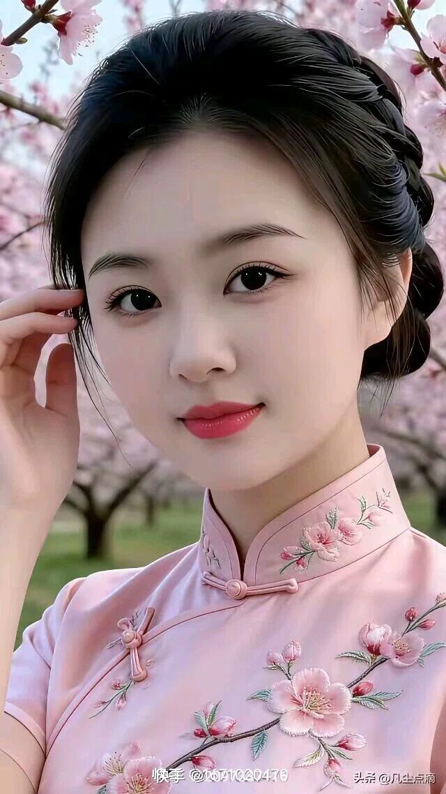 樱花树下，粉衣少女，春意盎然