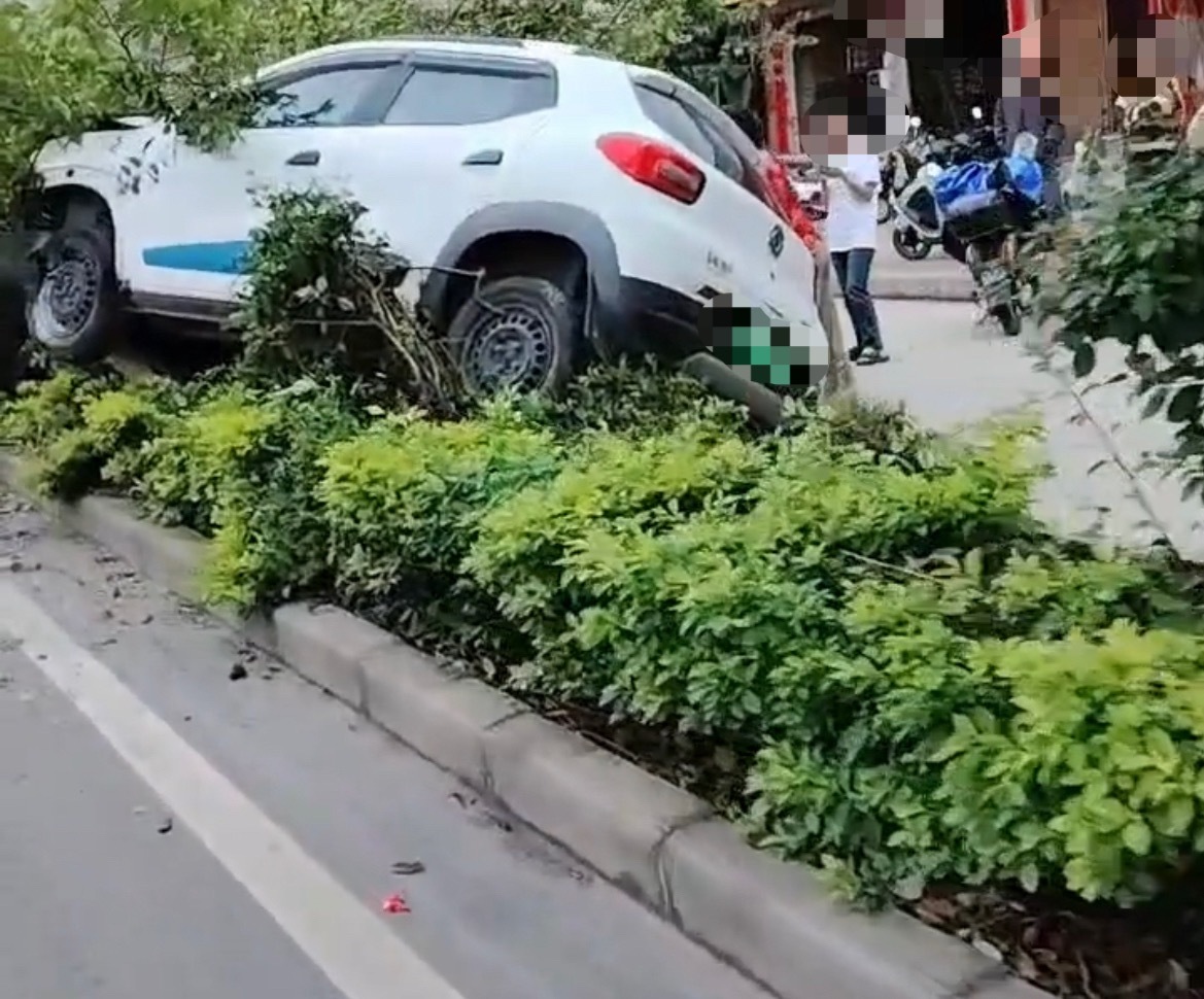 【玉林某汇超市对面新能源小车撞断绿化树】4月29日，玉林市某汇超市对面一辆绿牌新