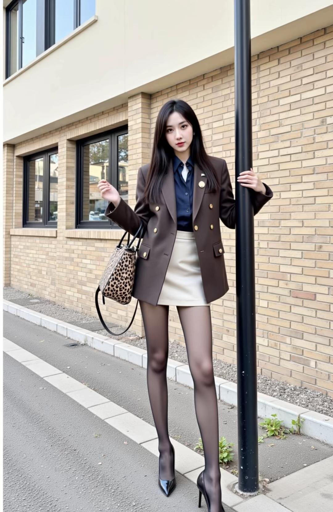 优雅职场风，棕色双排扣外套搭配黑色丝袜，尽显干练气质！👠💼