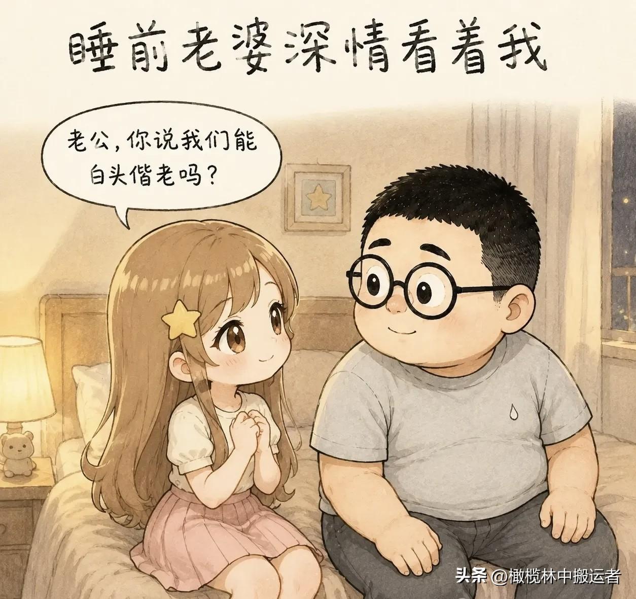 趣味漫画：睡前老婆深情看着我：「老公，你说我们能白头偕老吗？」我心头一暖，刚要回