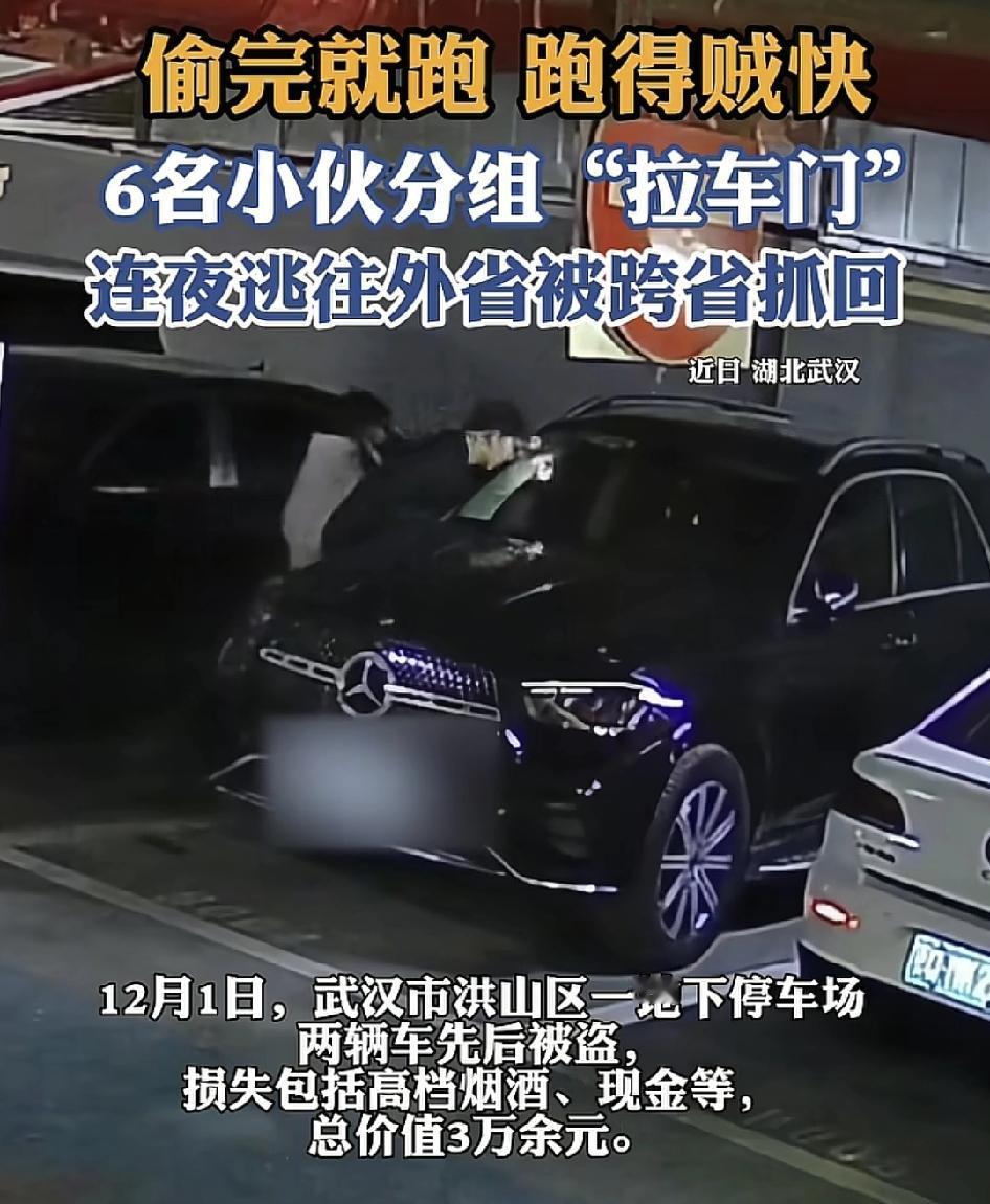 武汉洪山区六小伙集体在一地下停车场通过拆盲盒、拉车门的方式偷窃，最初有两名车主发