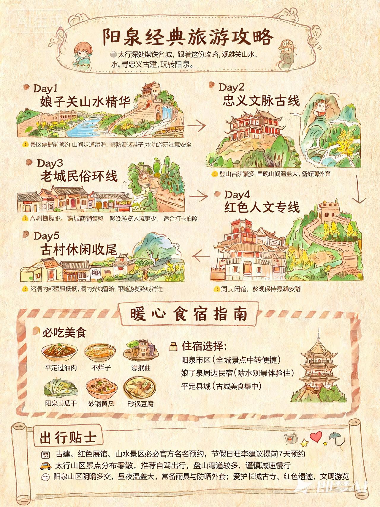 阳泉经典旅游攻略信息图：

Day1 娘子关山水精华：娘子关长城→水上人家→瀑布
