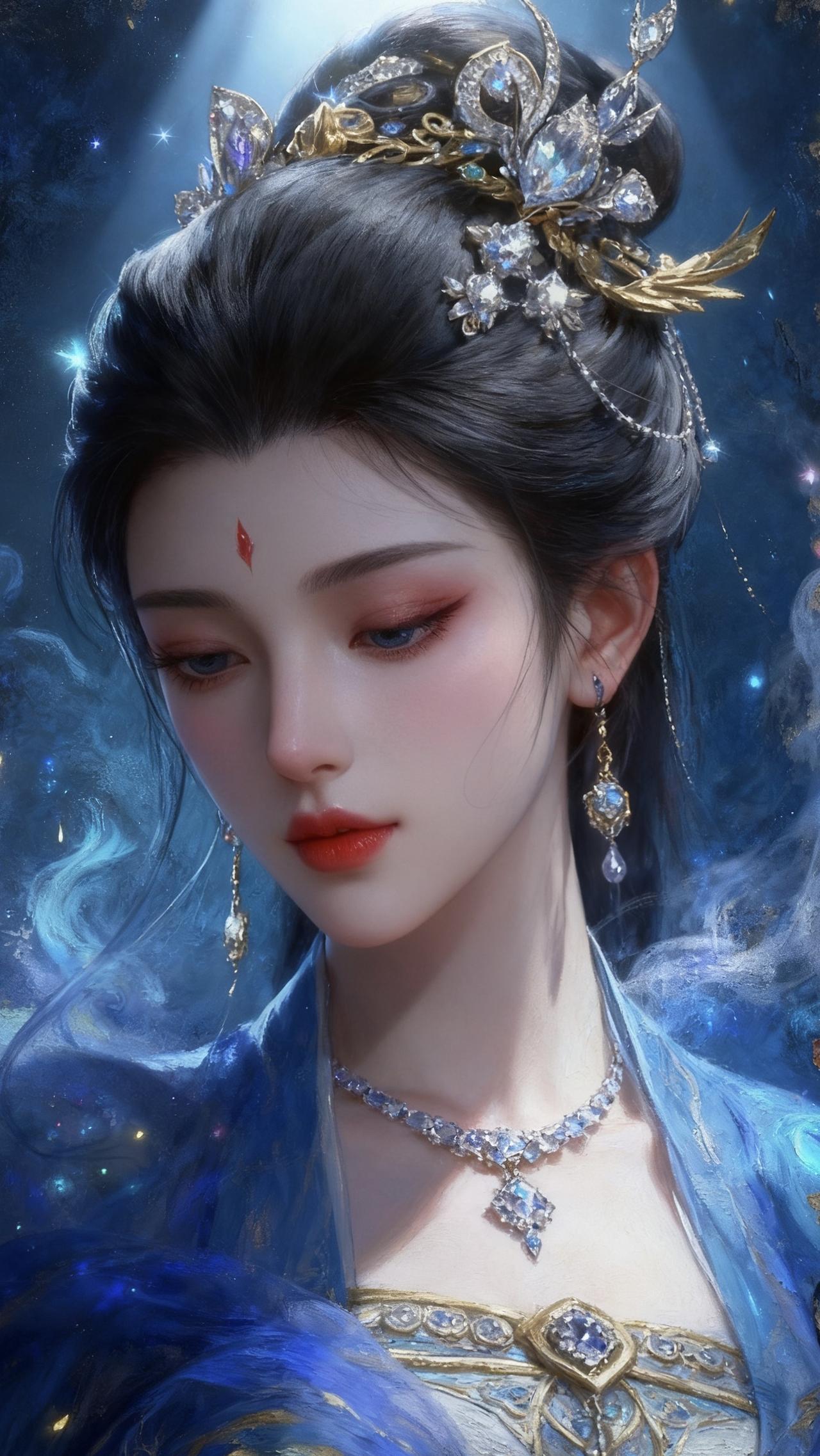 梦幻古风美人，精致妆容，华丽头饰，仙气缭绕