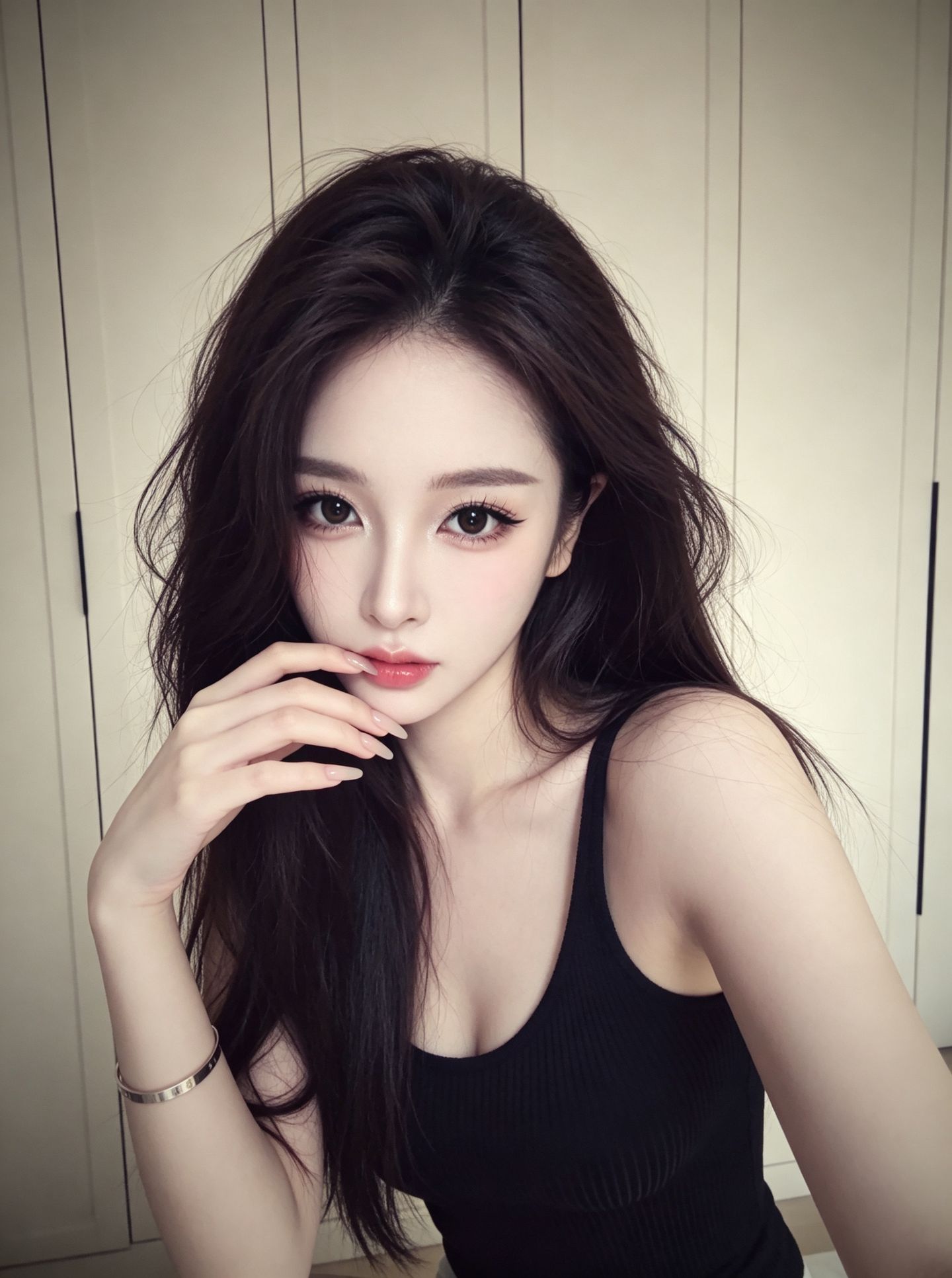 细闪眼妆 美女氛围感自拍 女生写真高级感 黑色吊带造型 清纯白月光妆容